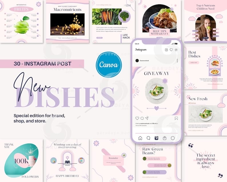 Editable Canva Template – New Dishes Social Feed Post - Food Blogger Instagram Templates