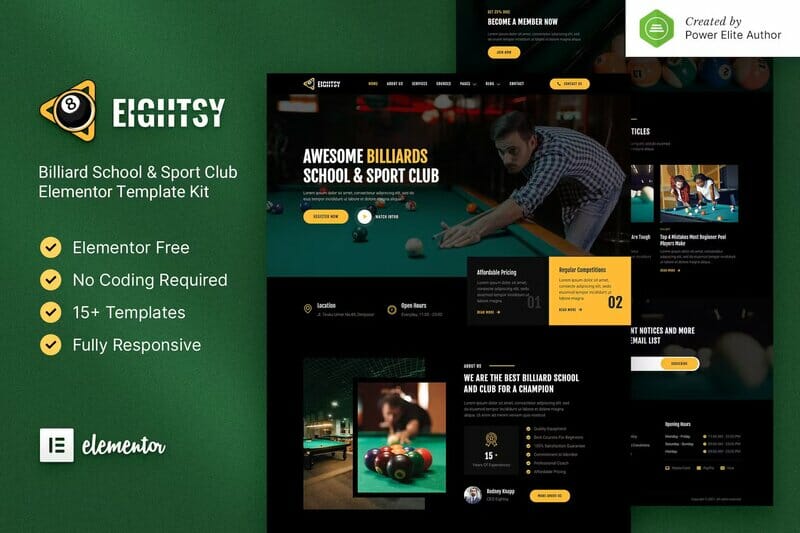 Eightsy – Billiard School & Sport Club Elementor Template Kit