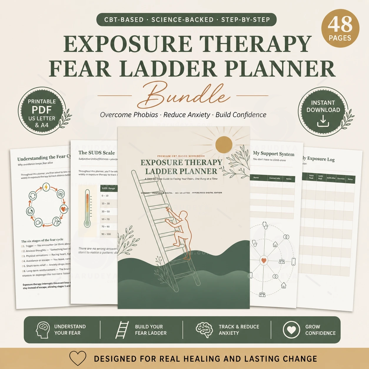 Exposure Therapy Fear Ladder Planner Bundle | CBT Phobia Workbook, SUDS Tracker