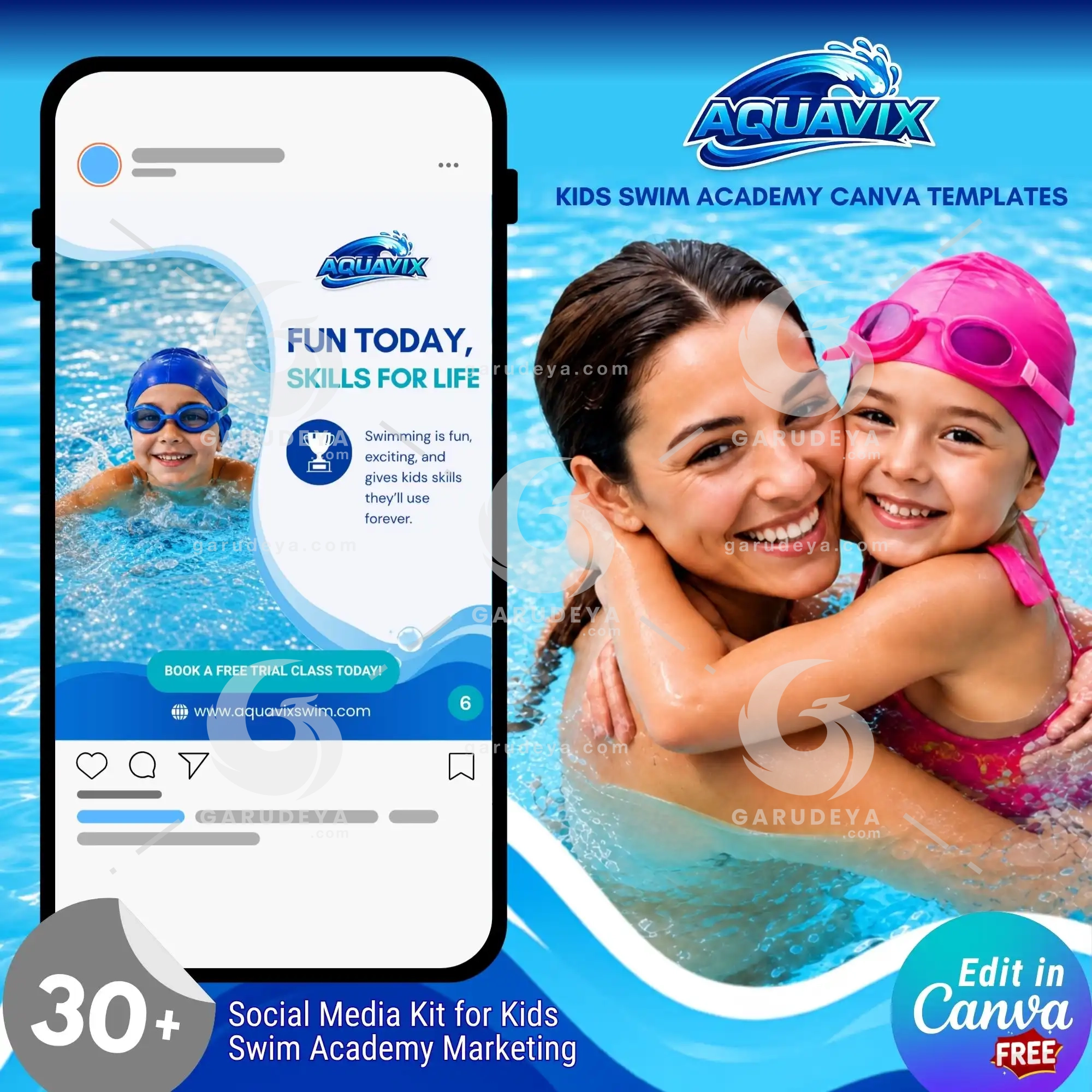 Kids Swim Academy Canva Templates | Social Media Marketing Kit (Bundle)