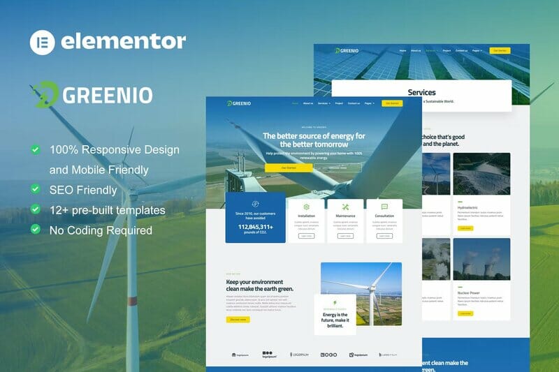 Greenio – Green Energy & Technology Company Elementor Template Kit