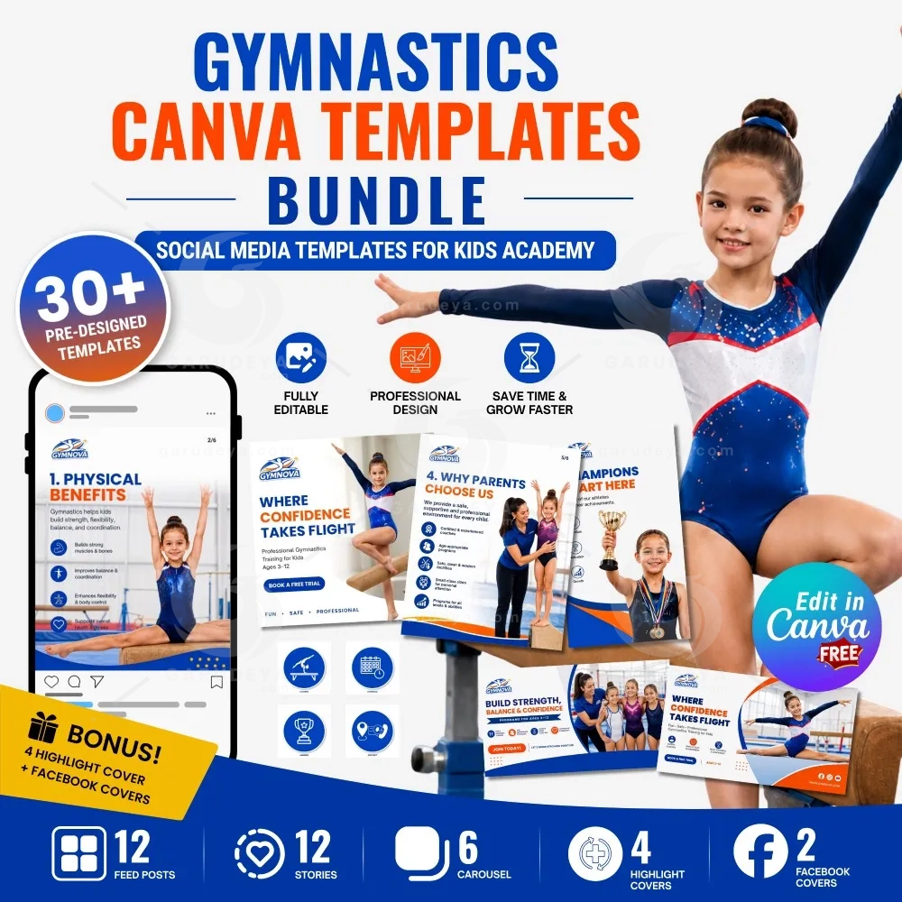 Gymnastics Canva Templates For Kids Academy | Modern Social Media Marketing Kit | Editable Design