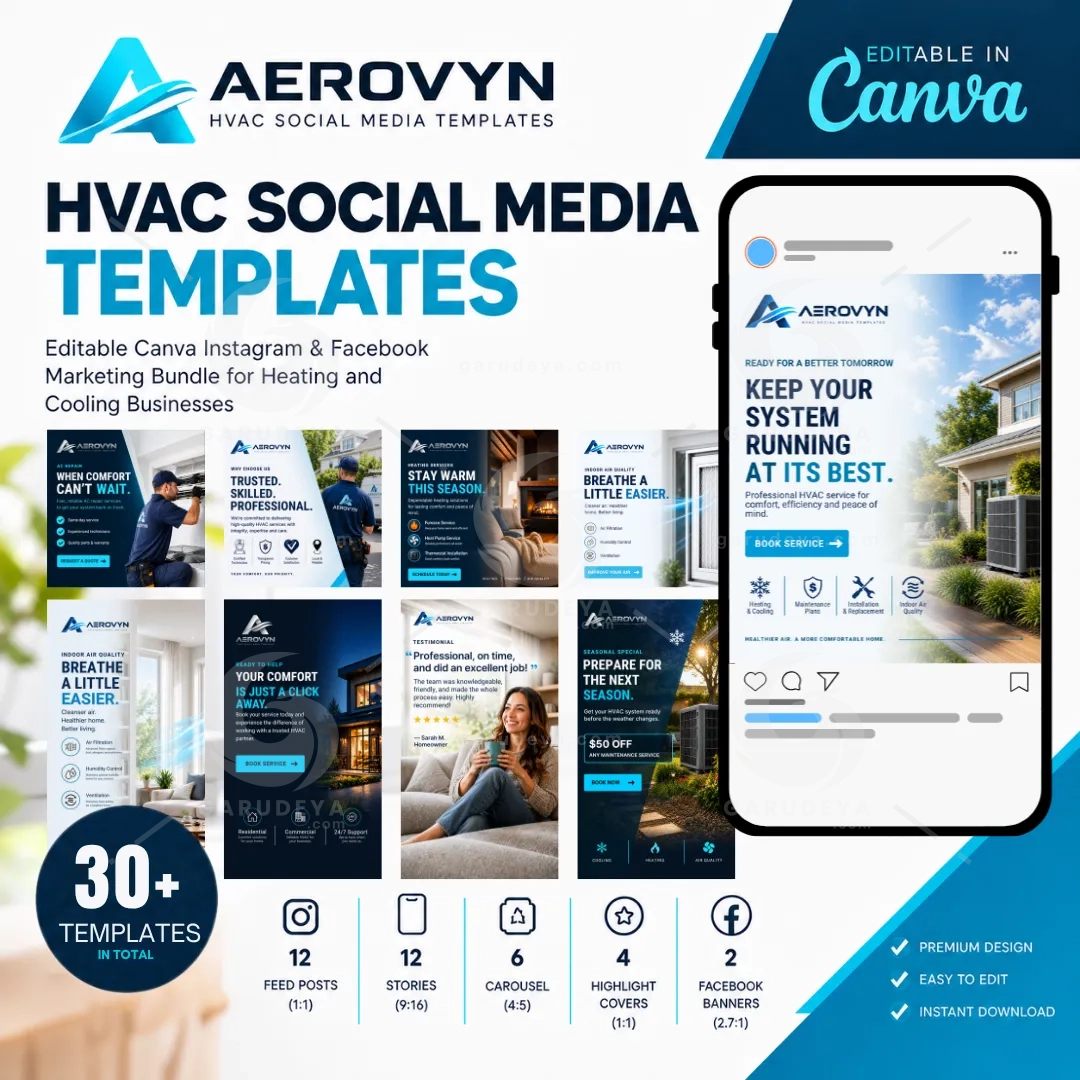 HVAC Social Media Templates | Editable Canva Instagram & Facebook Marketing Bundle for Heating and Cooling Businesses