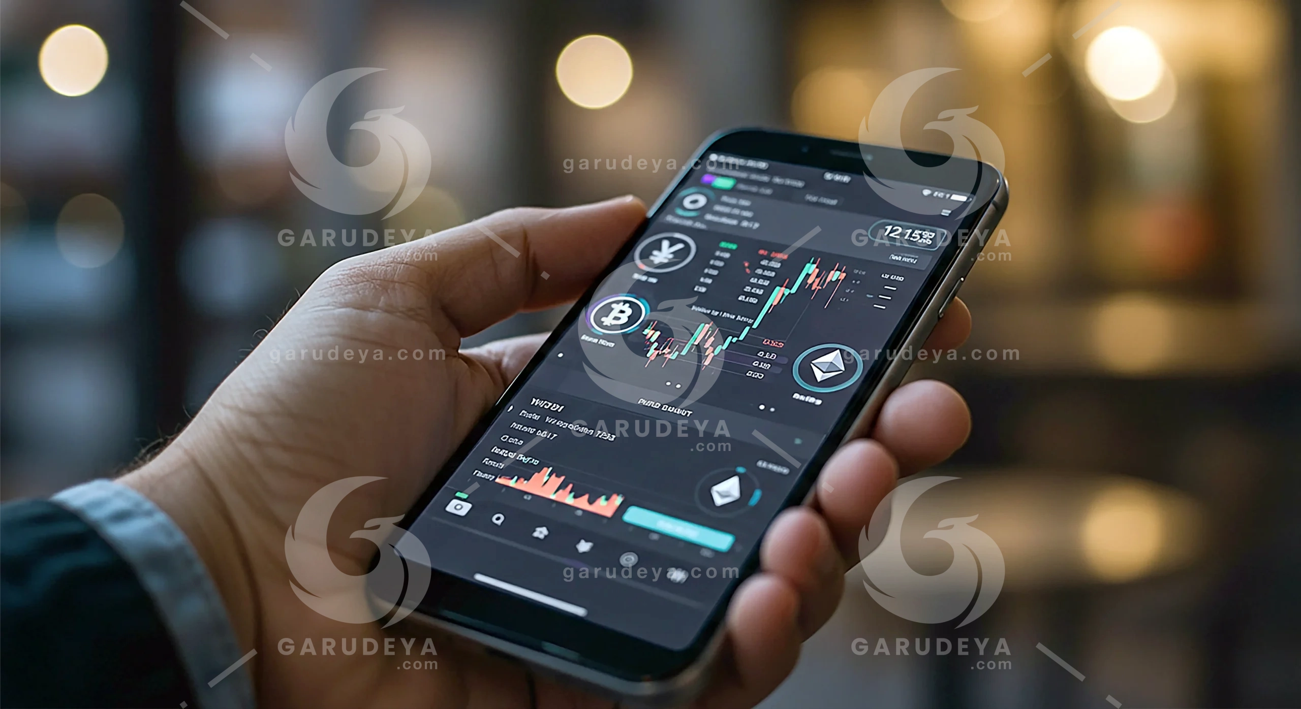 Hand Holding Phone – Crypto Trading Screen | Garudeya.com