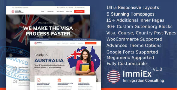Immigration law, Visa services support, Migration Agent Consulting WordPress Business Theme – ImmiEx