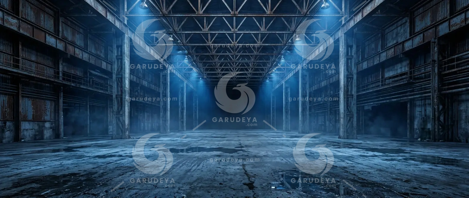 Industrial Fog Warehouse Blue Light Background