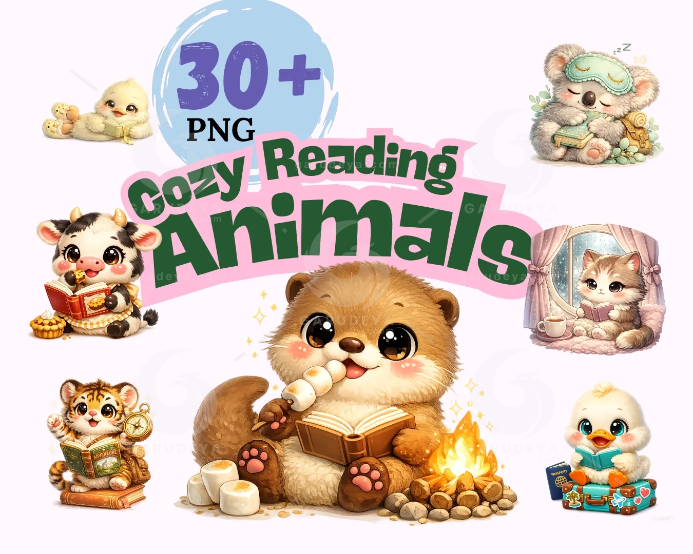 Kawaii Cozy Reading Animals | Cute Whimsical Animal Clipart Bundle | 36 PNG Transparent | Commercial Use
