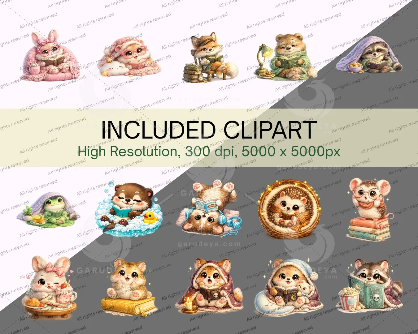 Kawaii Cozy Reading Animals | Cute Whimsical Animal Clipart Bundle | 36 PNG Transparent | Commercial Use