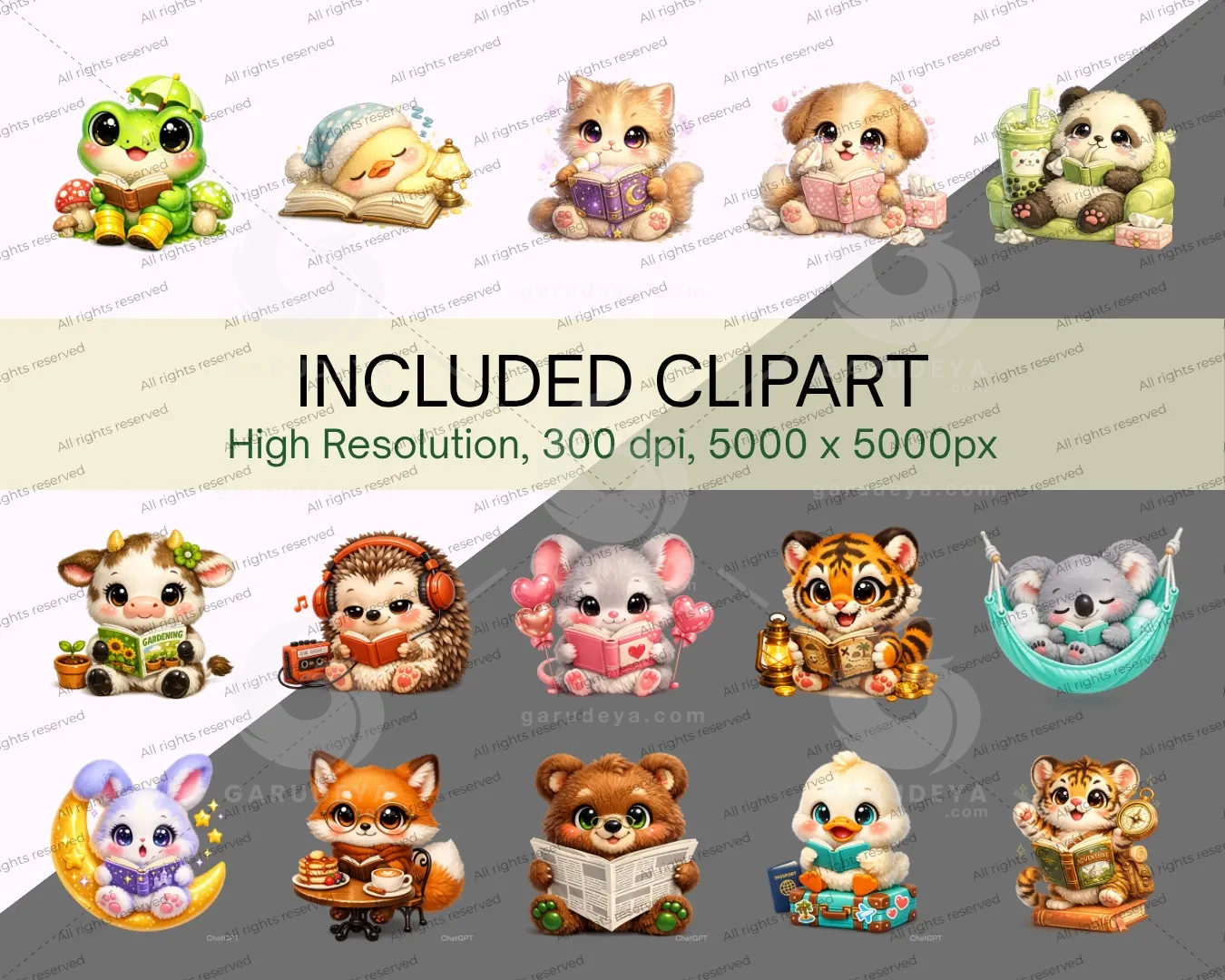 Kawaii Cozy Reading Animals | Cute Whimsical Animal Clipart Bundle | 36 PNG Transparent | Commercial Use