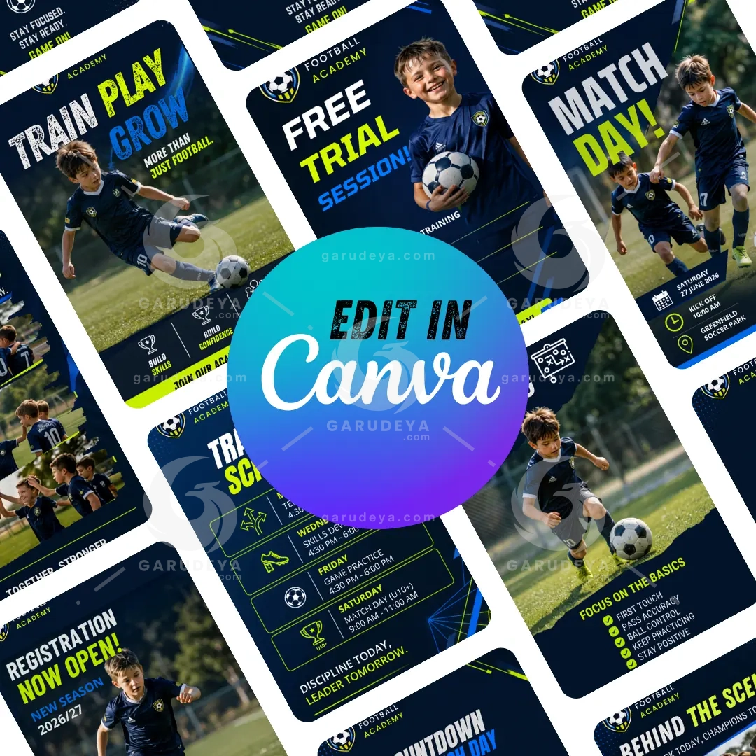 Kids Soccer Templates Canva Bundle for Football Academy (30 Editable Canva Template)