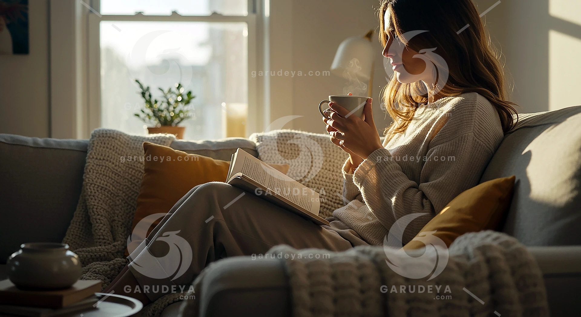 Morning Lifestyle Routine with Woman Drinking Coffee and Reading Book