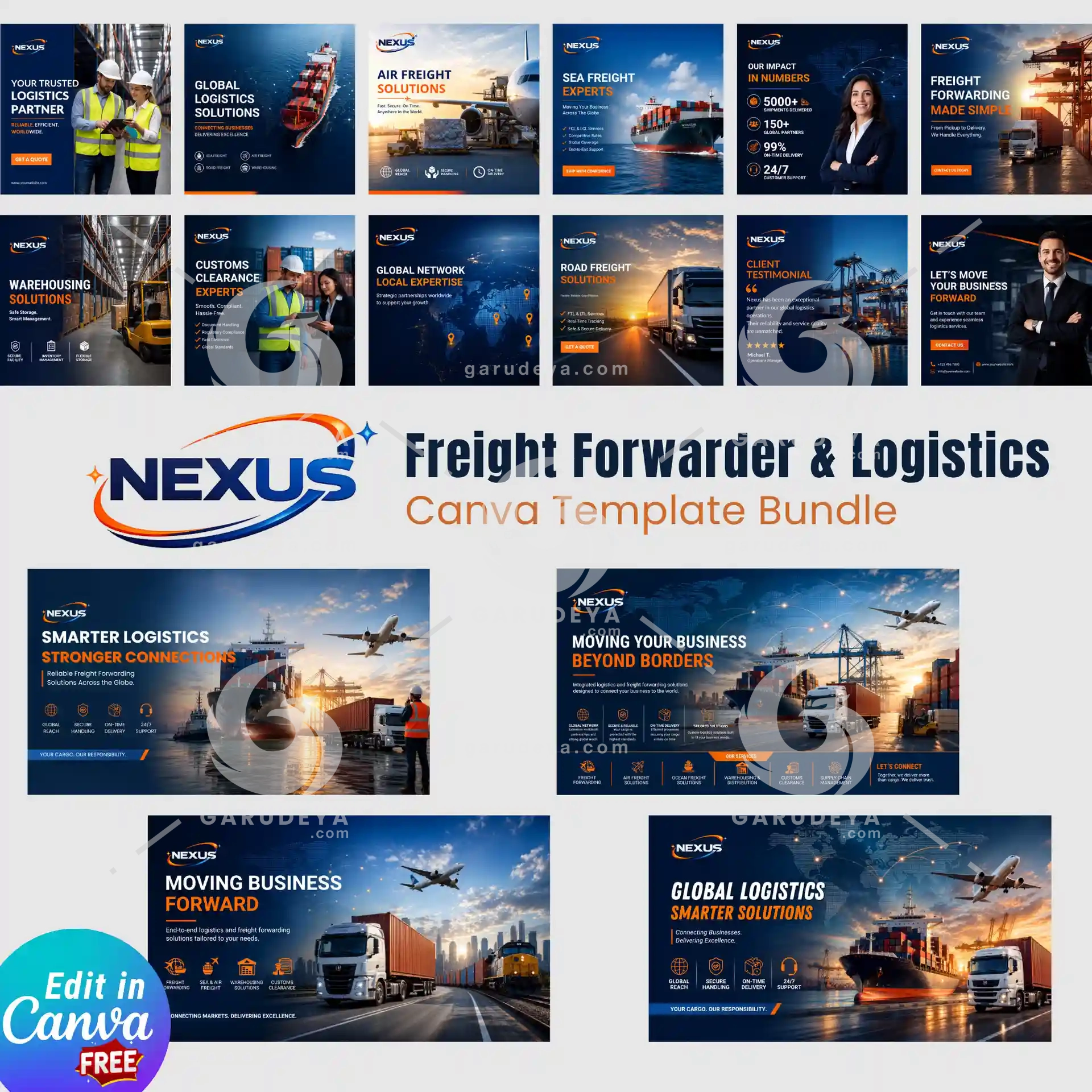 NEXUS Logistics Canva Templates | Freight Forwarder Social Media Branding Kit
