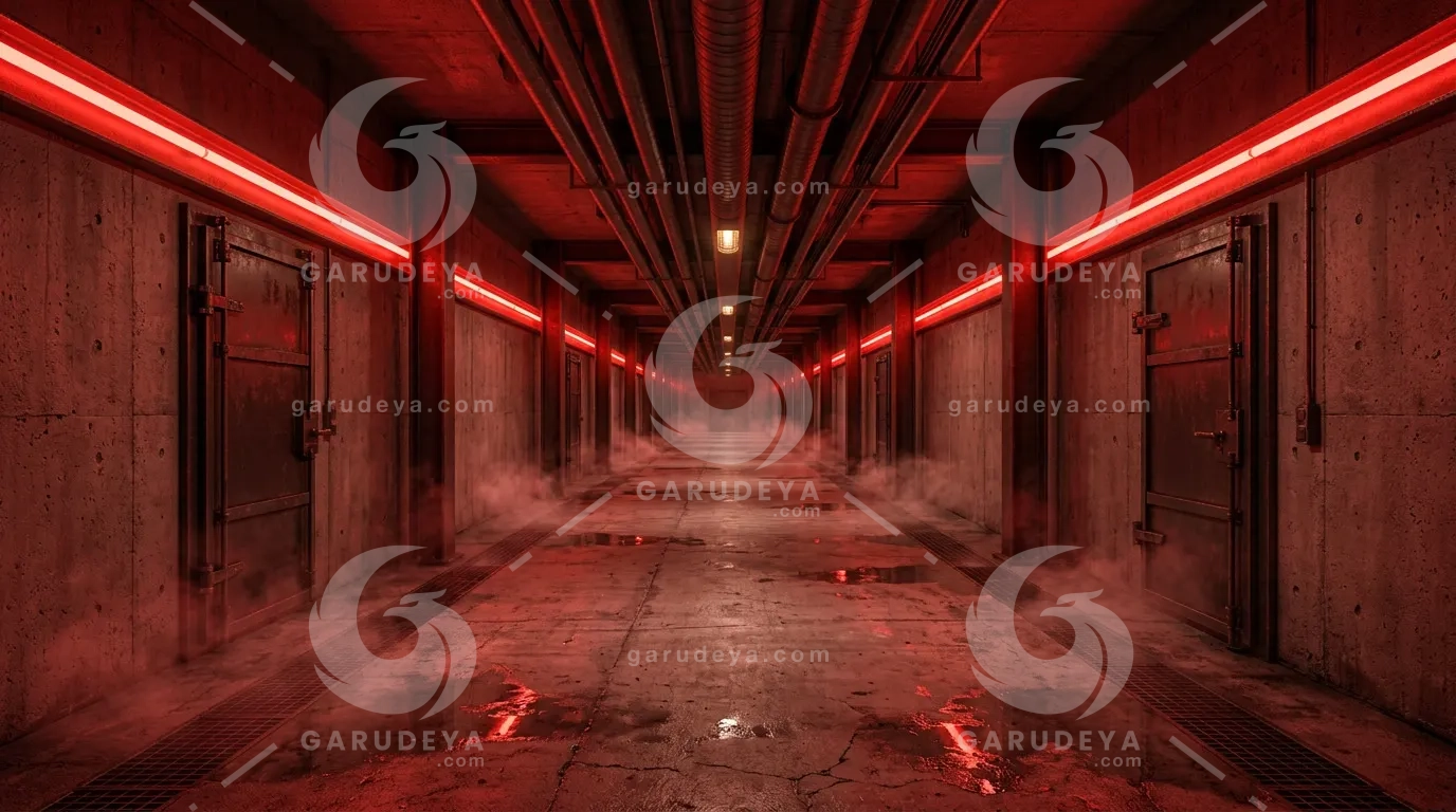 Neon Red Industrial Bunker Tunnel Background