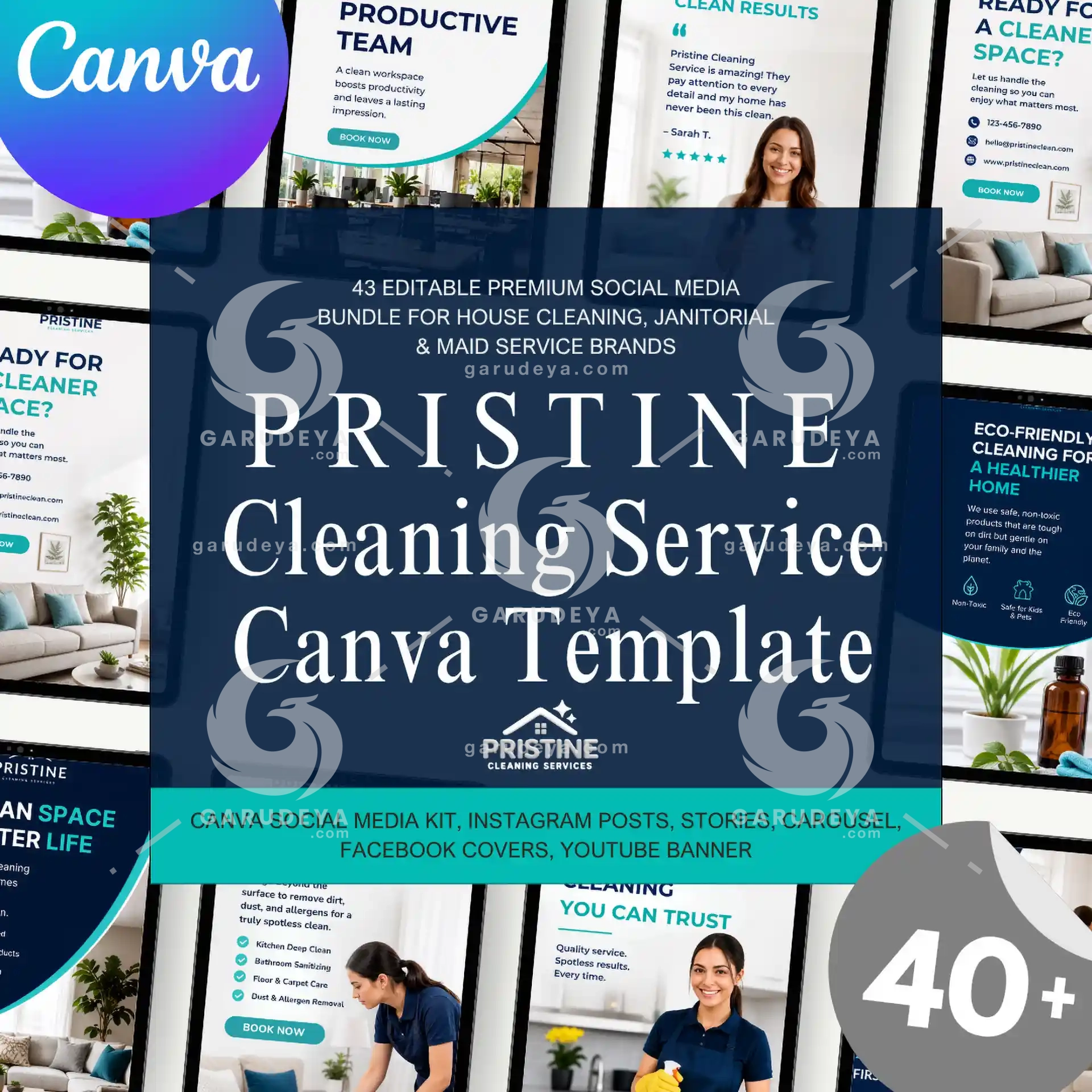 PRISTINE Cleaning Service Canva Template – 43 Editable Social Media Bundle  | Commercial Use