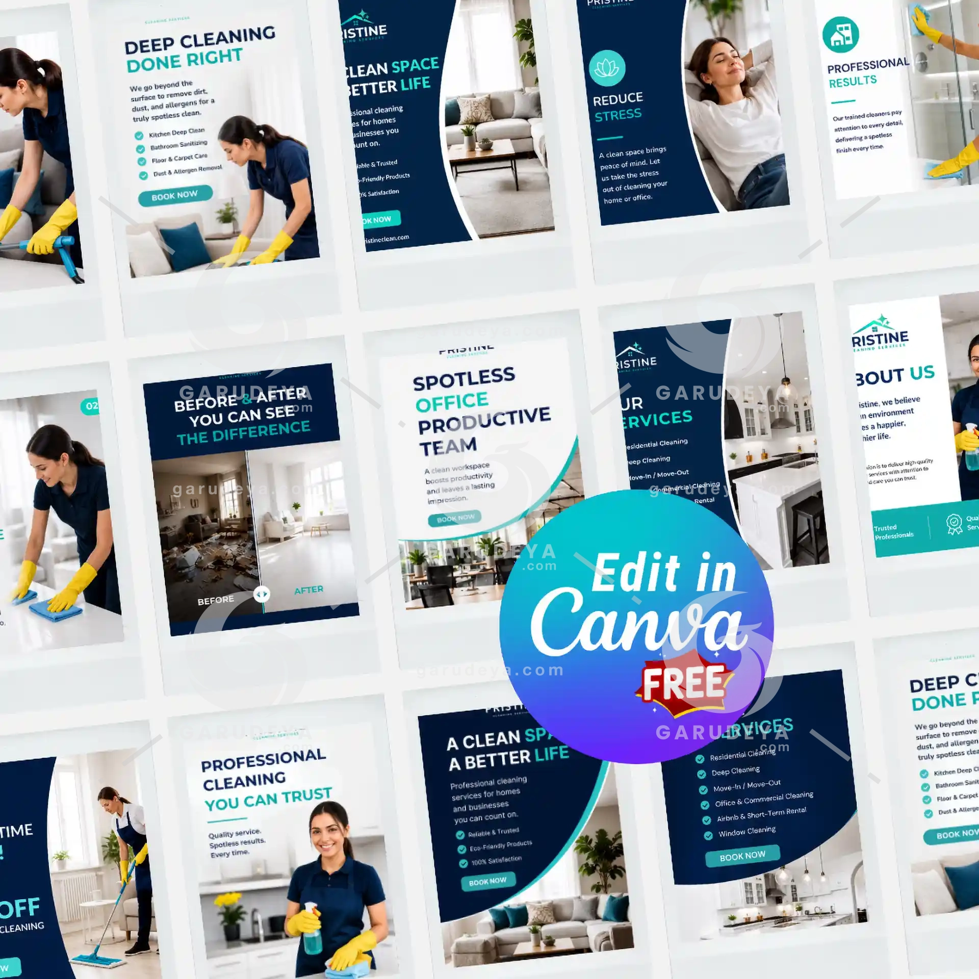 PRISTINE Cleaning Service Canva Template - 43 Editable Social Media Bundle | Commercial Use
