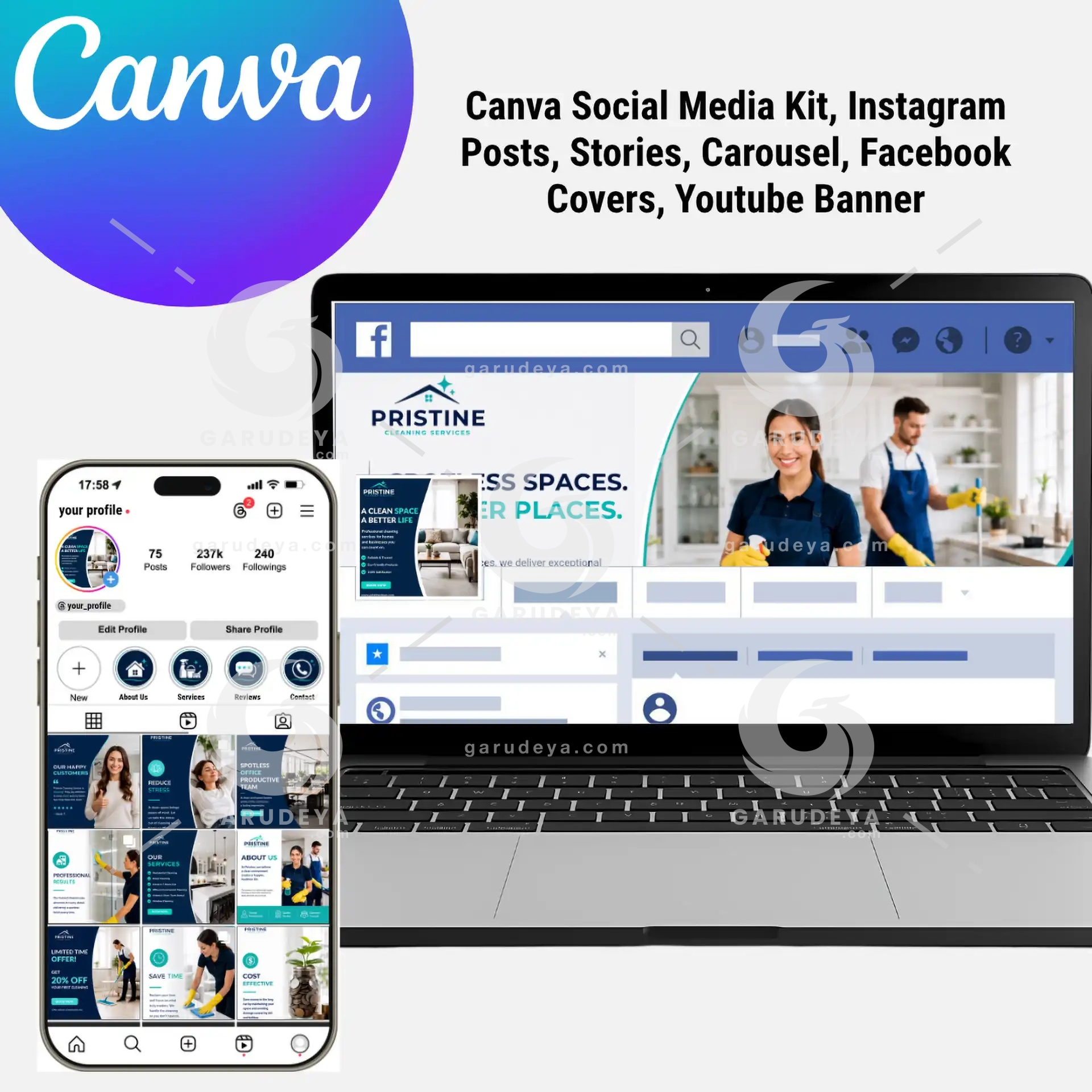 PRISTINE Cleaning Service Canva Template - 43 Editable Social Media Bundle | Commercial Use