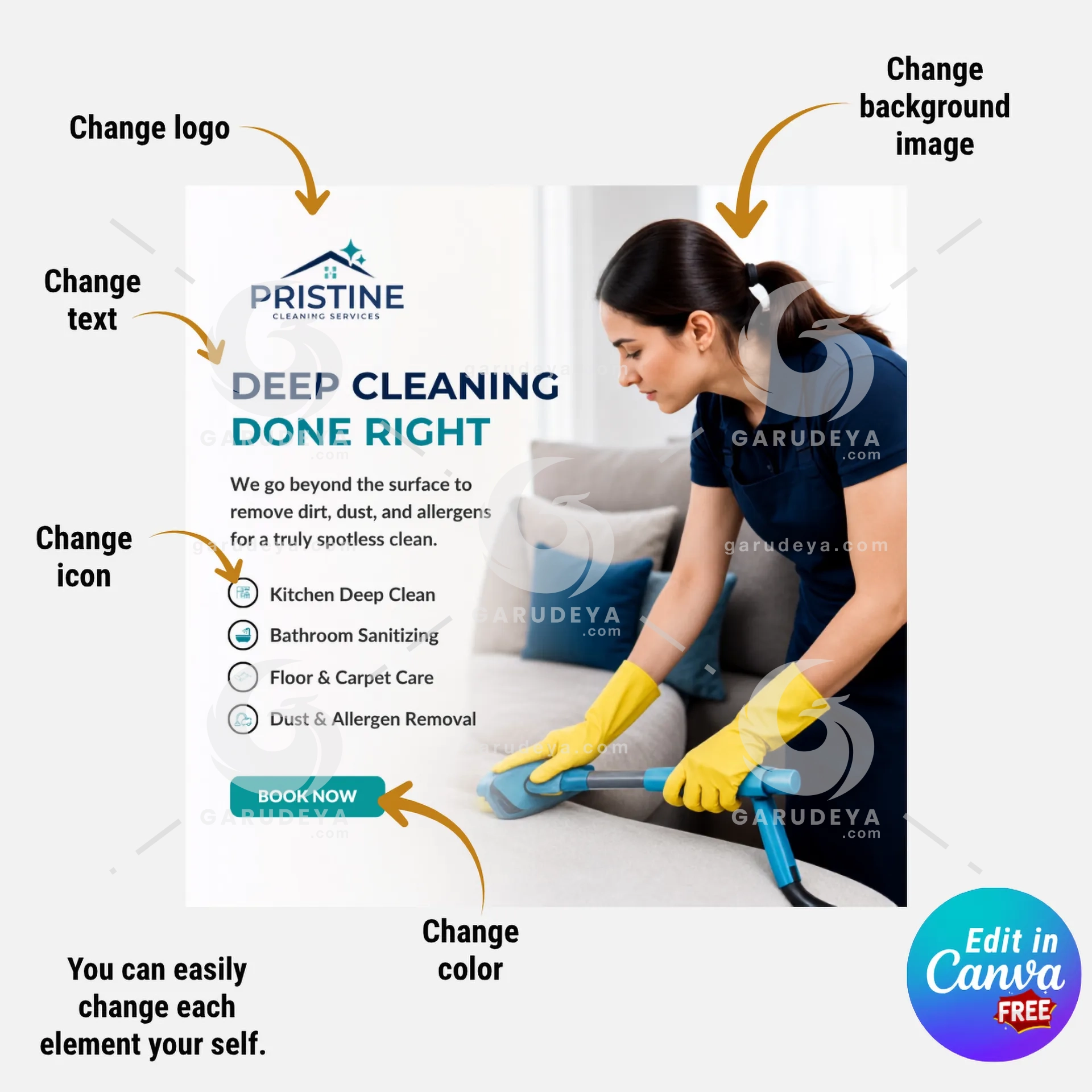 PRISTINE Cleaning Service Canva Template - 43 Editable Social Media Bundle | Commercial Use