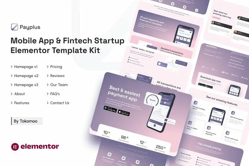 Payplus – Mobile App & Fintech Startup Elementor Template Kit