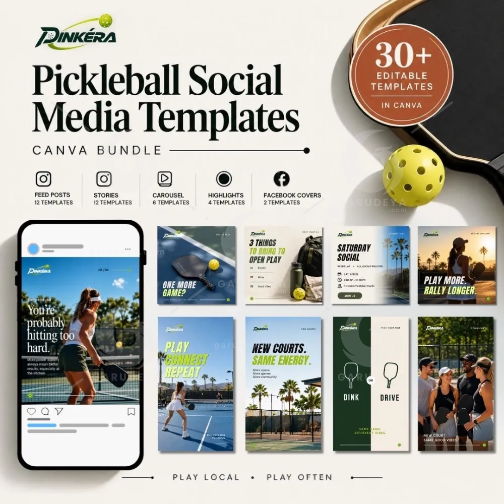 Pickleball Social Media Templates Canva Bundle, Editable Instagram Posts, Stories, Carousel & Facebook Covers