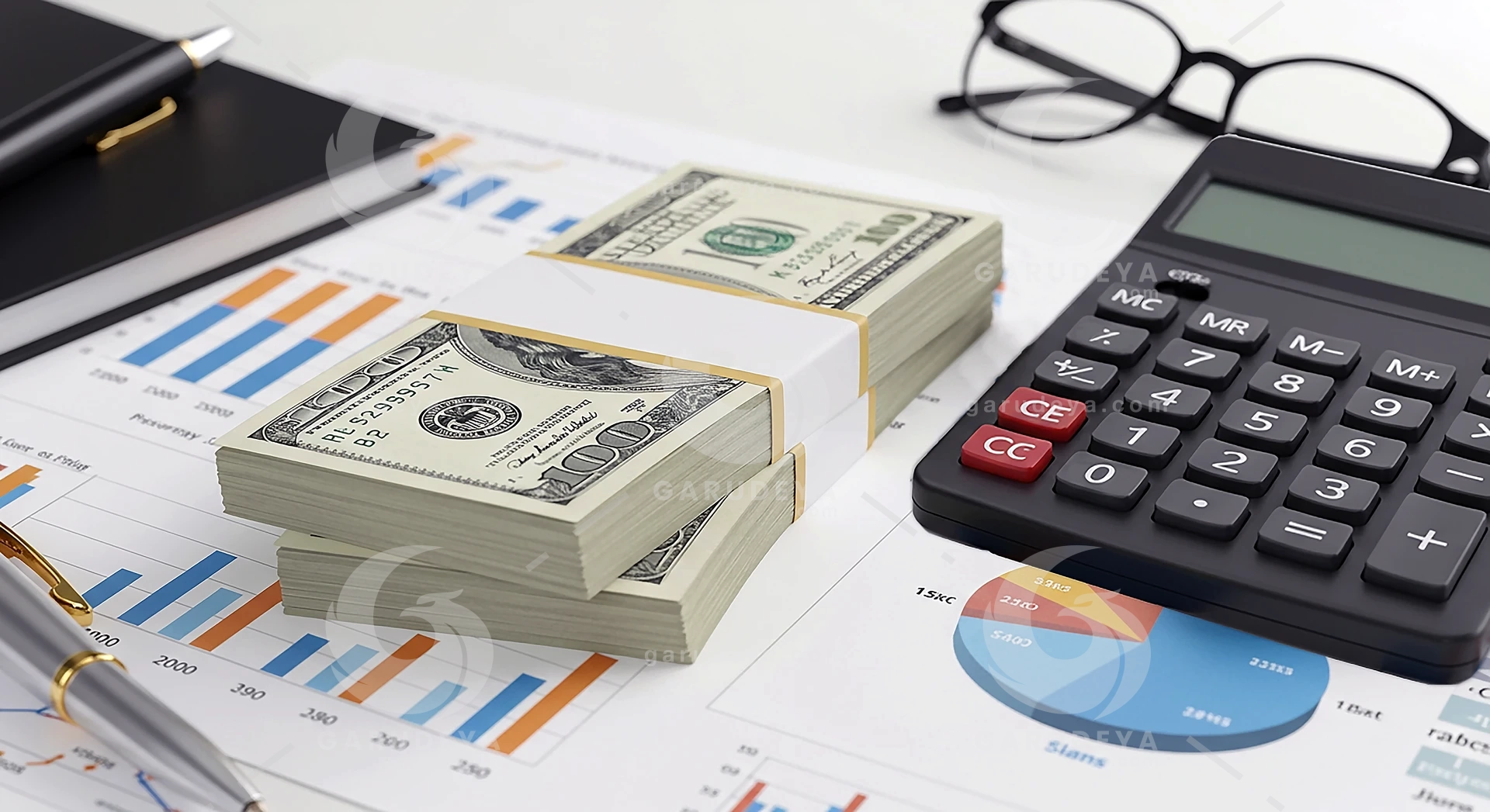 Pile of US Dollar Banknotes with Calculator and Financial Report for Budget Planning Concept