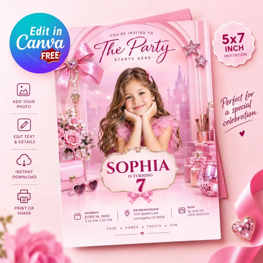 Pink Fashion Doll Birthday Invitation Canva Template, Photo Girl Celebration, Glam Party Design