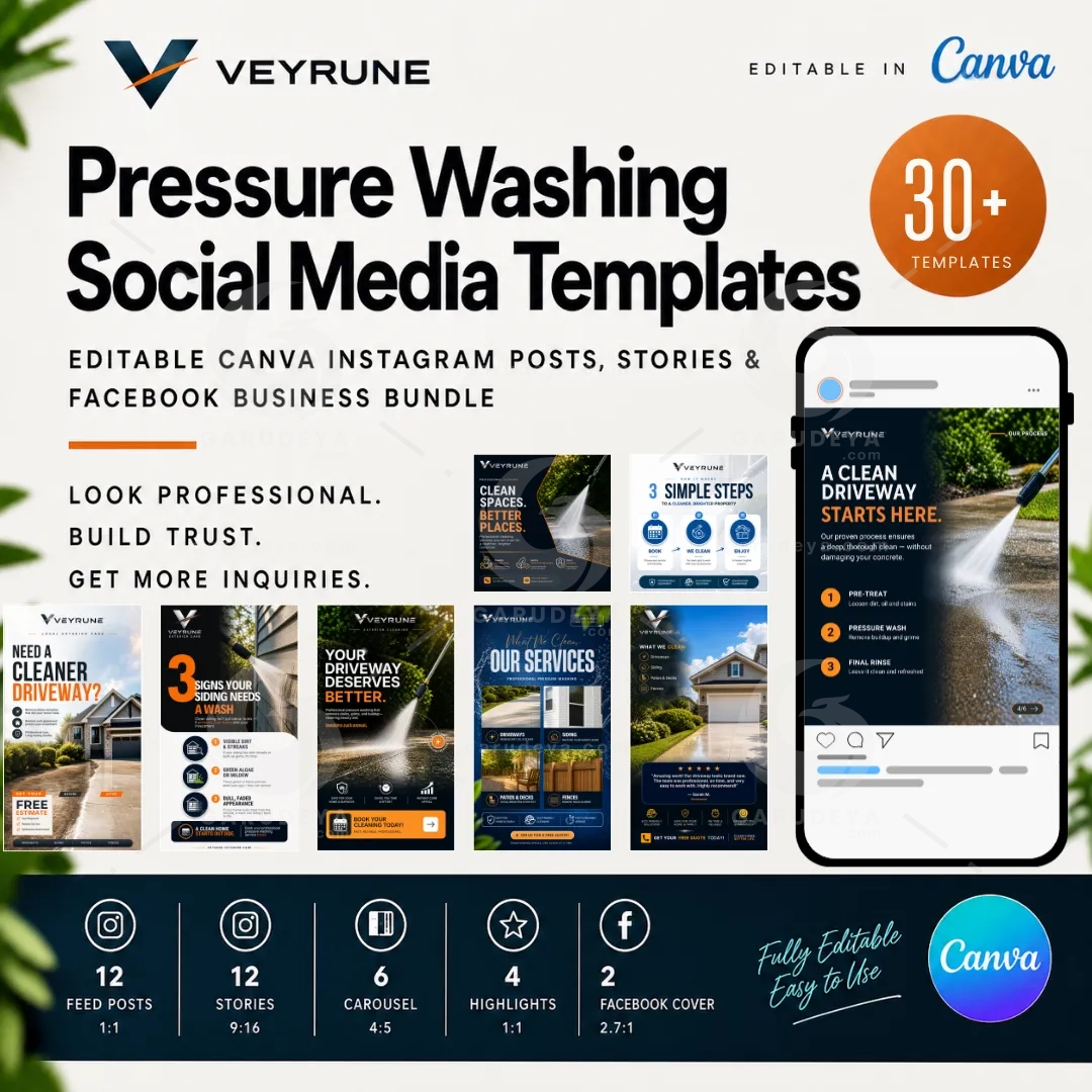 Pressure Washing Social Media Templates | Editable Canva Instagram Posts, Stories & Facebook Business Bundle