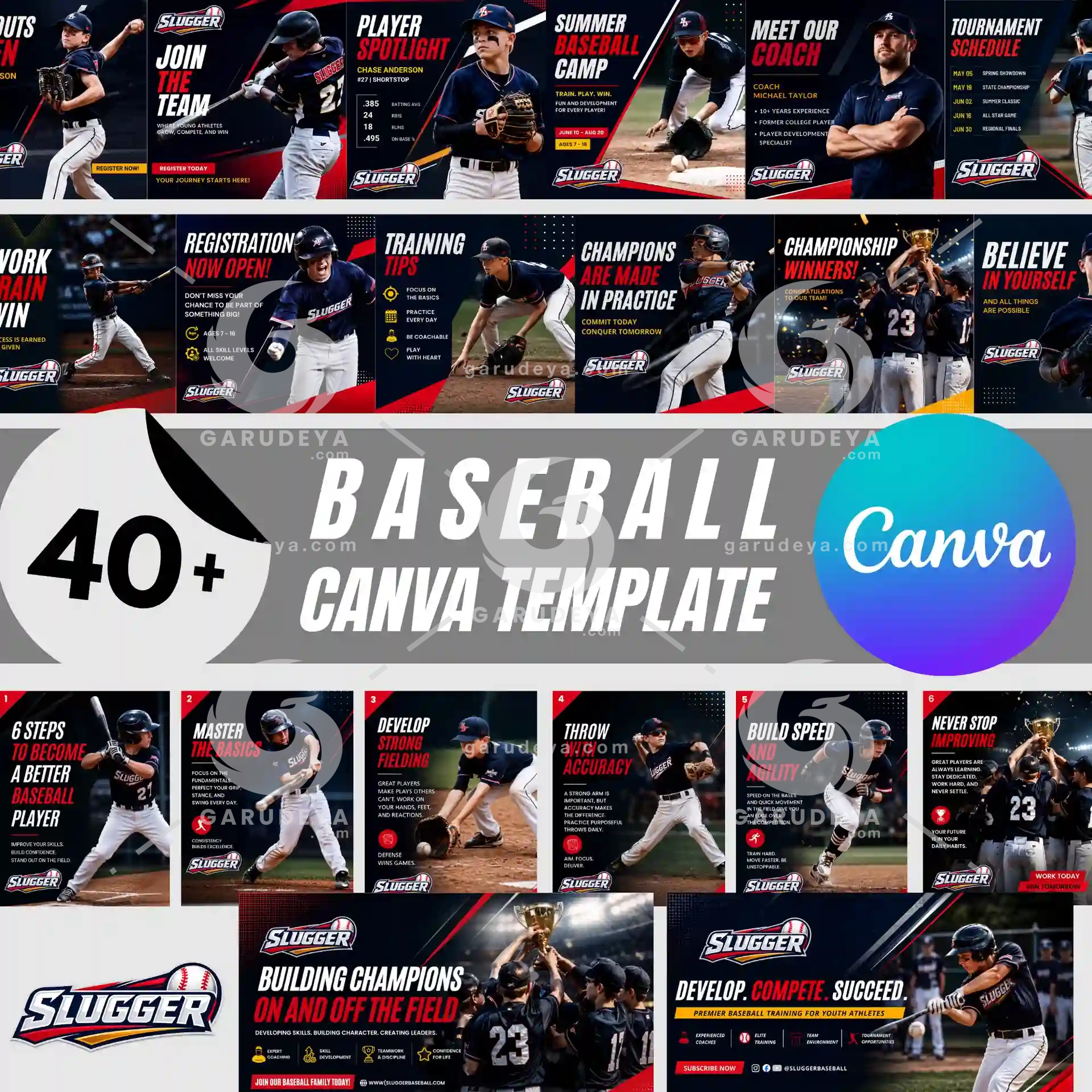 SLUGGER Baseball Canva Template | Youth Sports Social Media Kit for Instagram and TikTok, Academy Marketing Bundle | Commercial Use