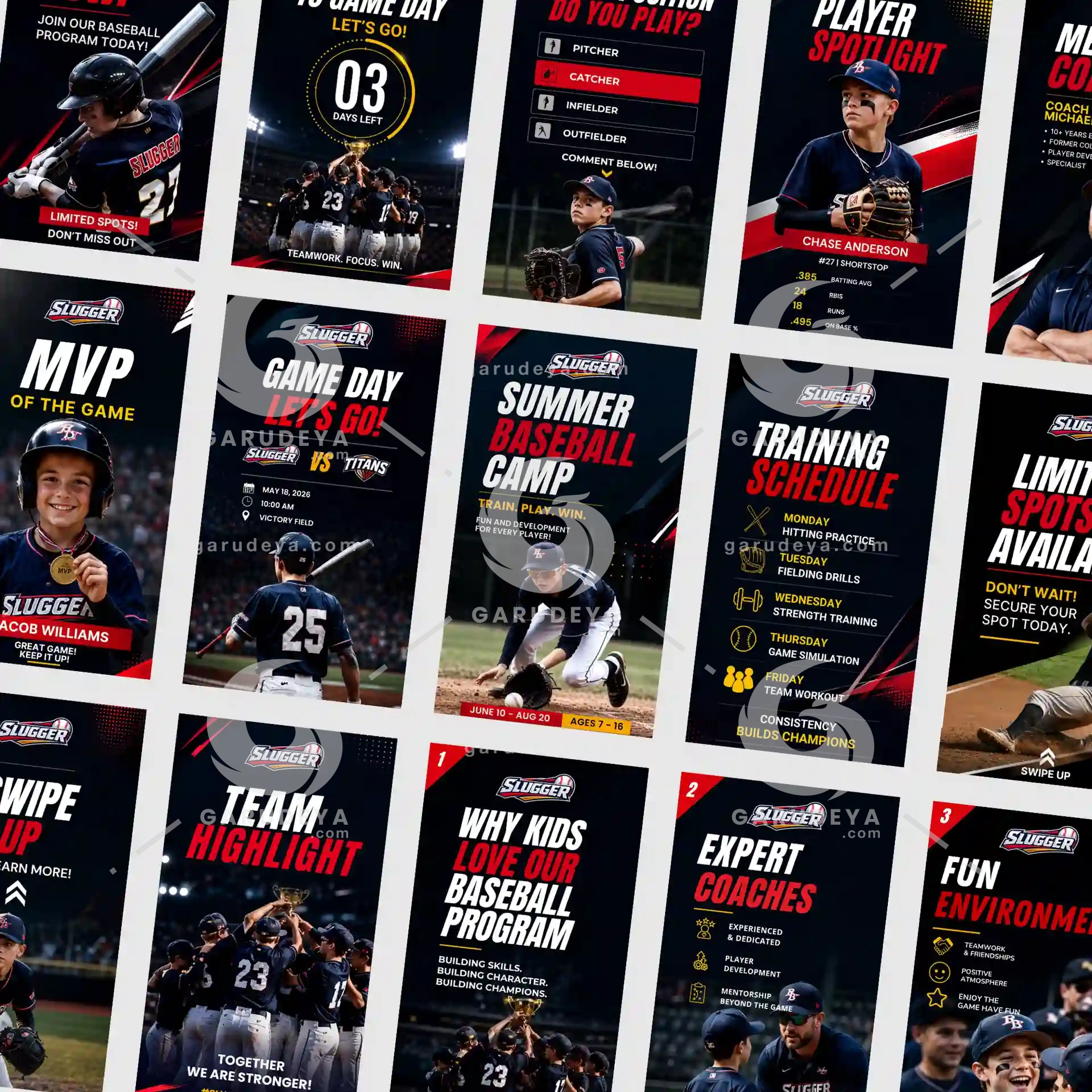 SLUGGER Baseball Canva Template | Youth Sports Social Media Kit for Instagram and TikTok, Academy Marketing Bundle | Commercial Use