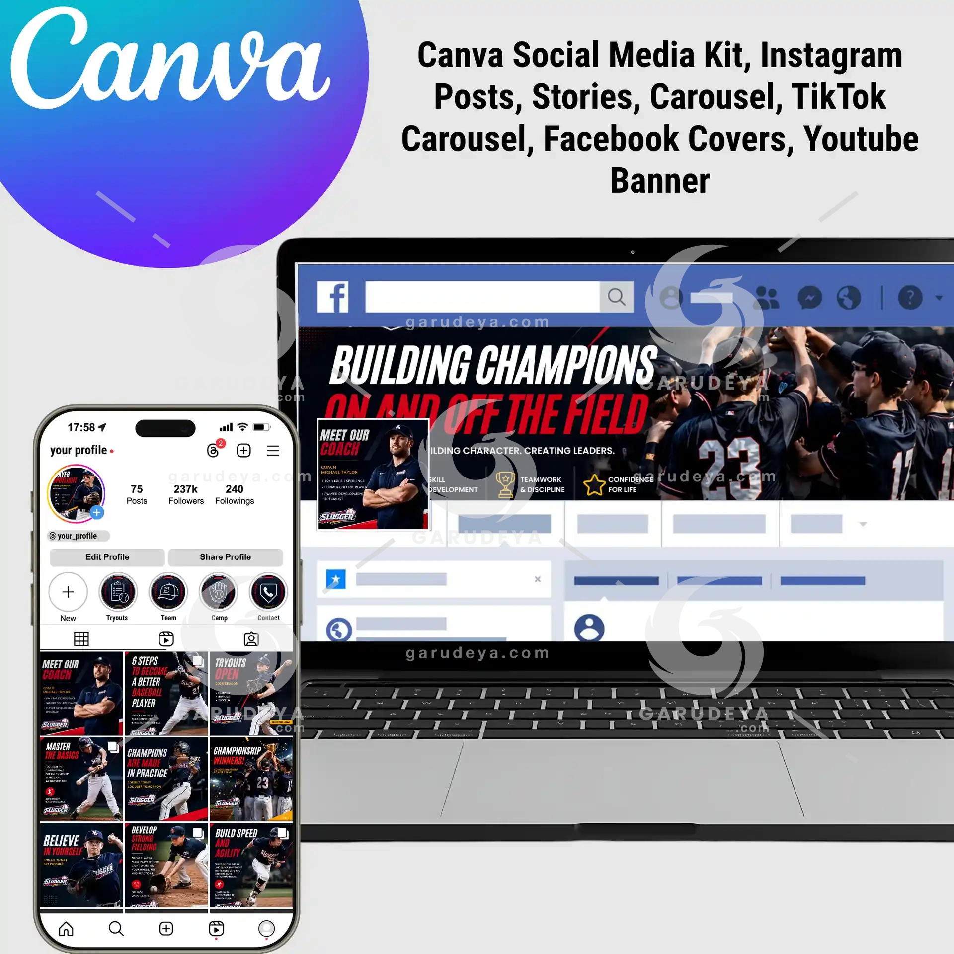 SLUGGER Baseball Canva Template | Youth Sports Social Media Kit for Instagram and TikTok, Academy Marketing Bundle | Commercial Use