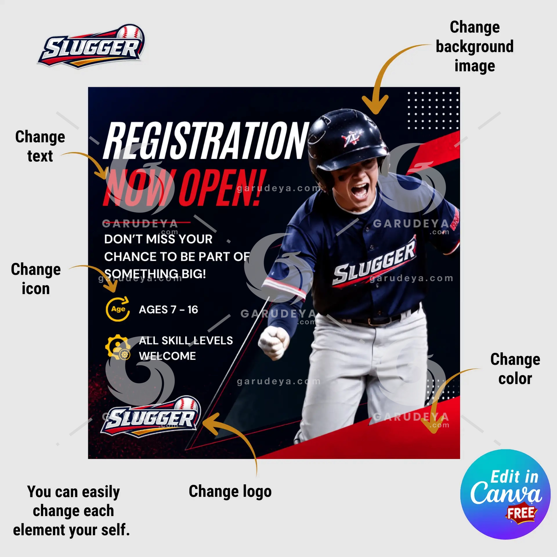 SLUGGER Baseball Canva Template | Youth Sports Social Media Kit for Instagram and TikTok, Academy Marketing Bundle | Commercial Use