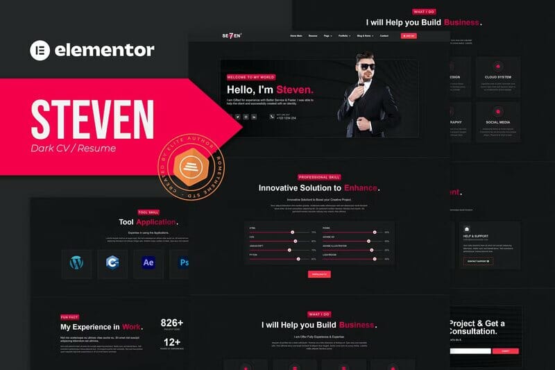 Steven – Dark CV Portfolio Resume Elementor Template Kit