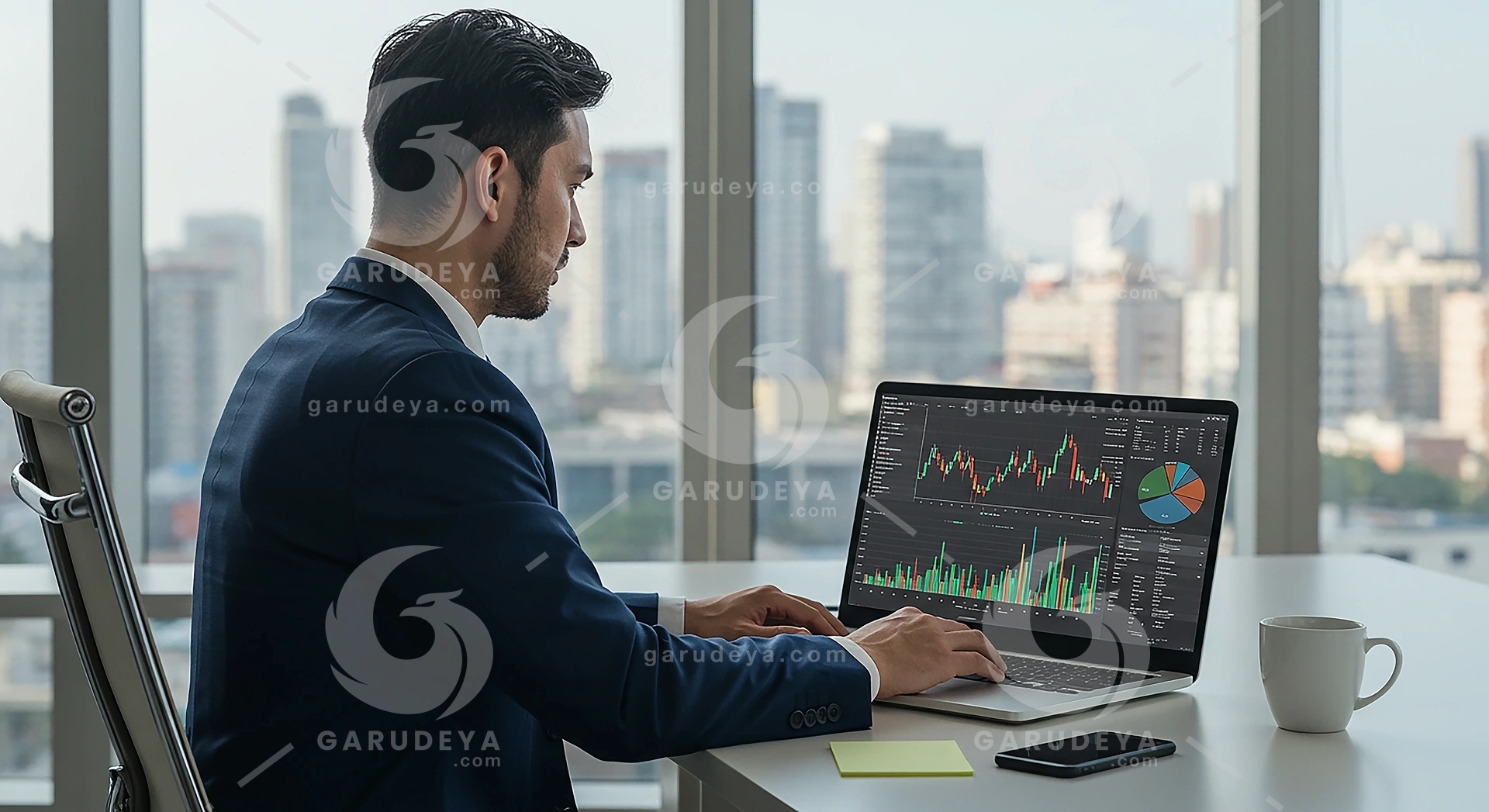 Stock Market Analysis with Businessman in Corporate Workspace