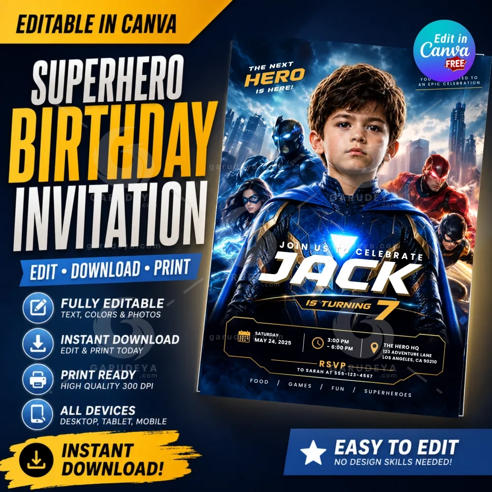Superhero Birthday Invitation Canva Template | Personalized Photo Party Invite | Cinematic Comic Hero Design