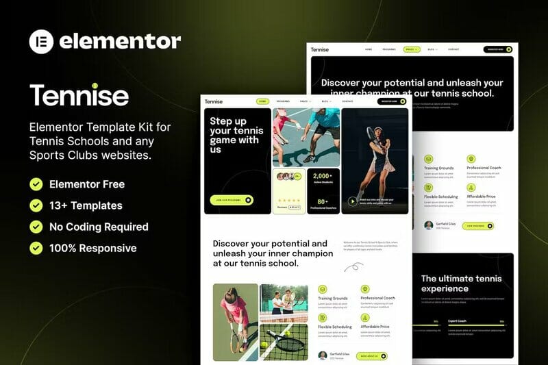 Tennise – Tennis School & Sports Club Elementor Template Kit