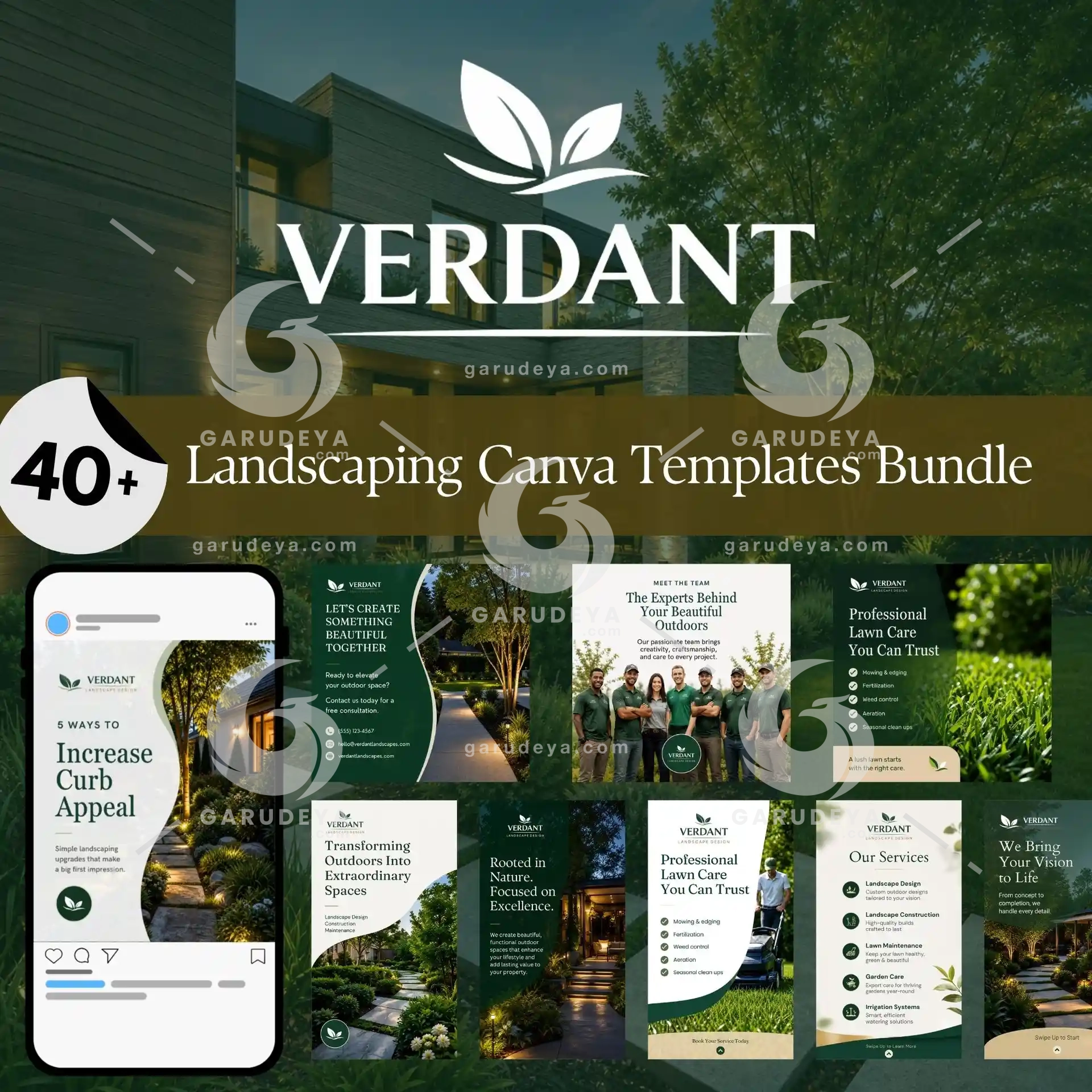 VERDANT – Landscaping Canva Templates Bundle | 40+ Editable Social Media Posts | Instagram Templates Pack