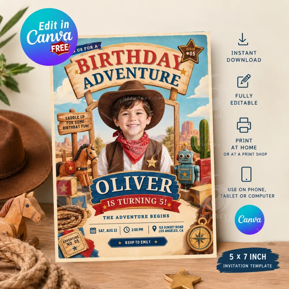 Editable Vintage Toy Adventure Birthday Invitation Canva Template | Photo Kids Party Invite