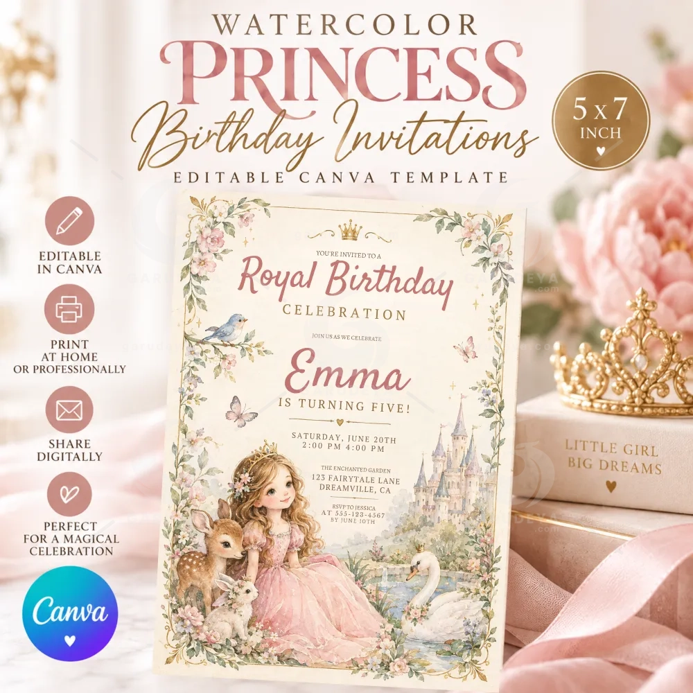 Watercolor Princess Birthday Invitations | Editable Canva Template, Fairytale Party Invite, Girls Birthday Printable