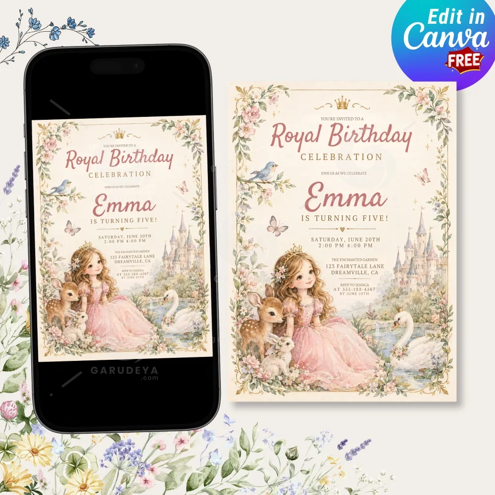 Watercolor Princess Birthday Invitations | Editable Canva Template, Fairytale Party Invite, Girls Birthday Printable
