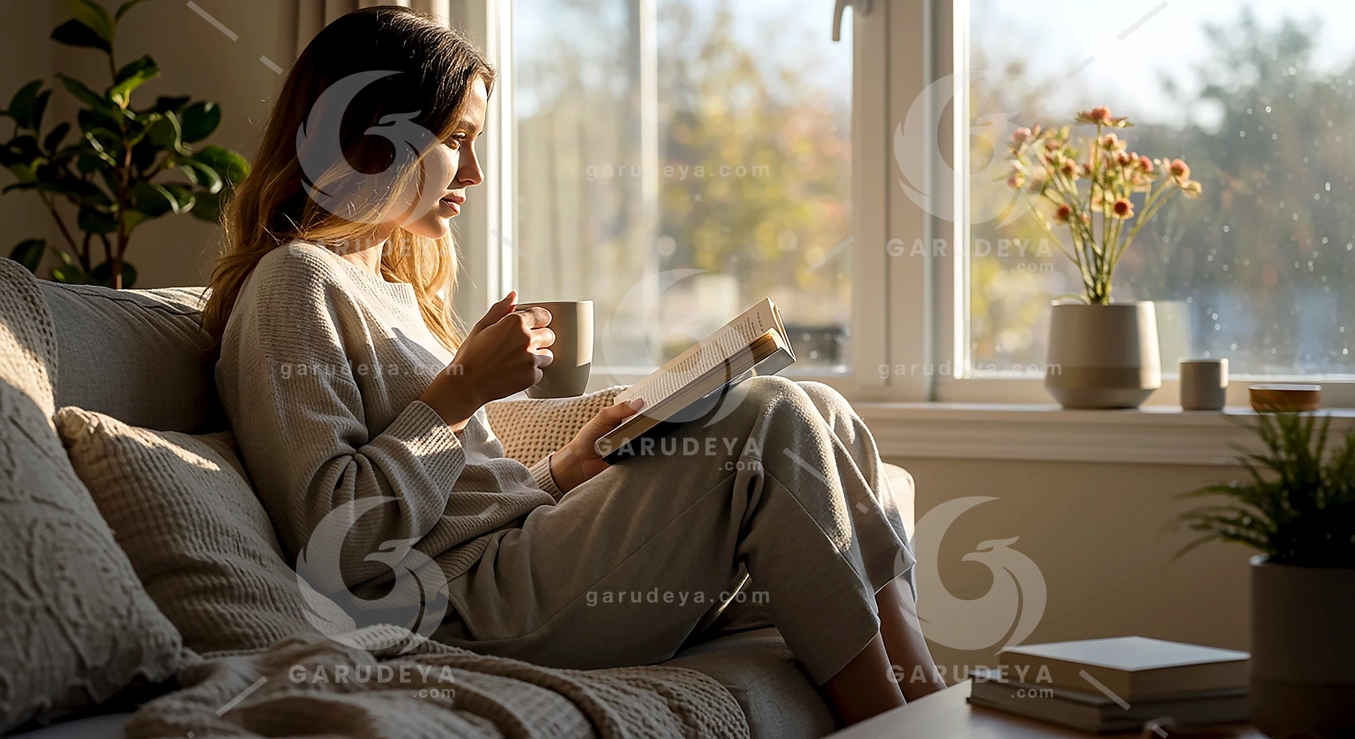 Women Relaxed Lifestyle in the Morning with Coffee and a Book