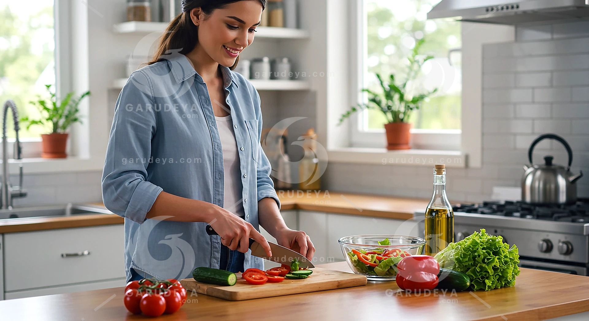 Young Woman Preparing Fresh Organic Salad in Bright Modern Kitchen