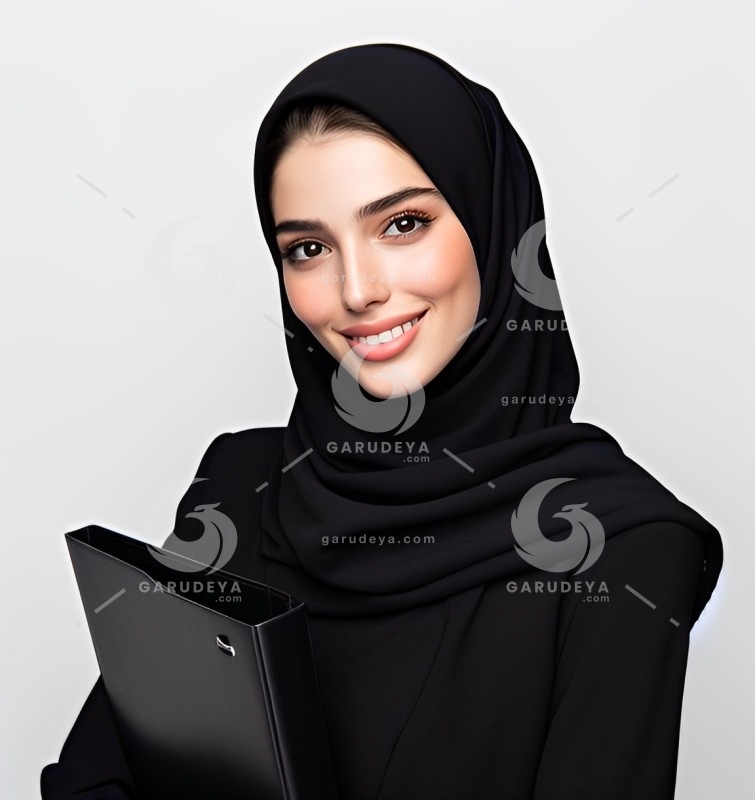 a beautiful young Arab female secretary dressed formally in black and wearing a hijab with a friendly expression and smile carrying a file-538890254