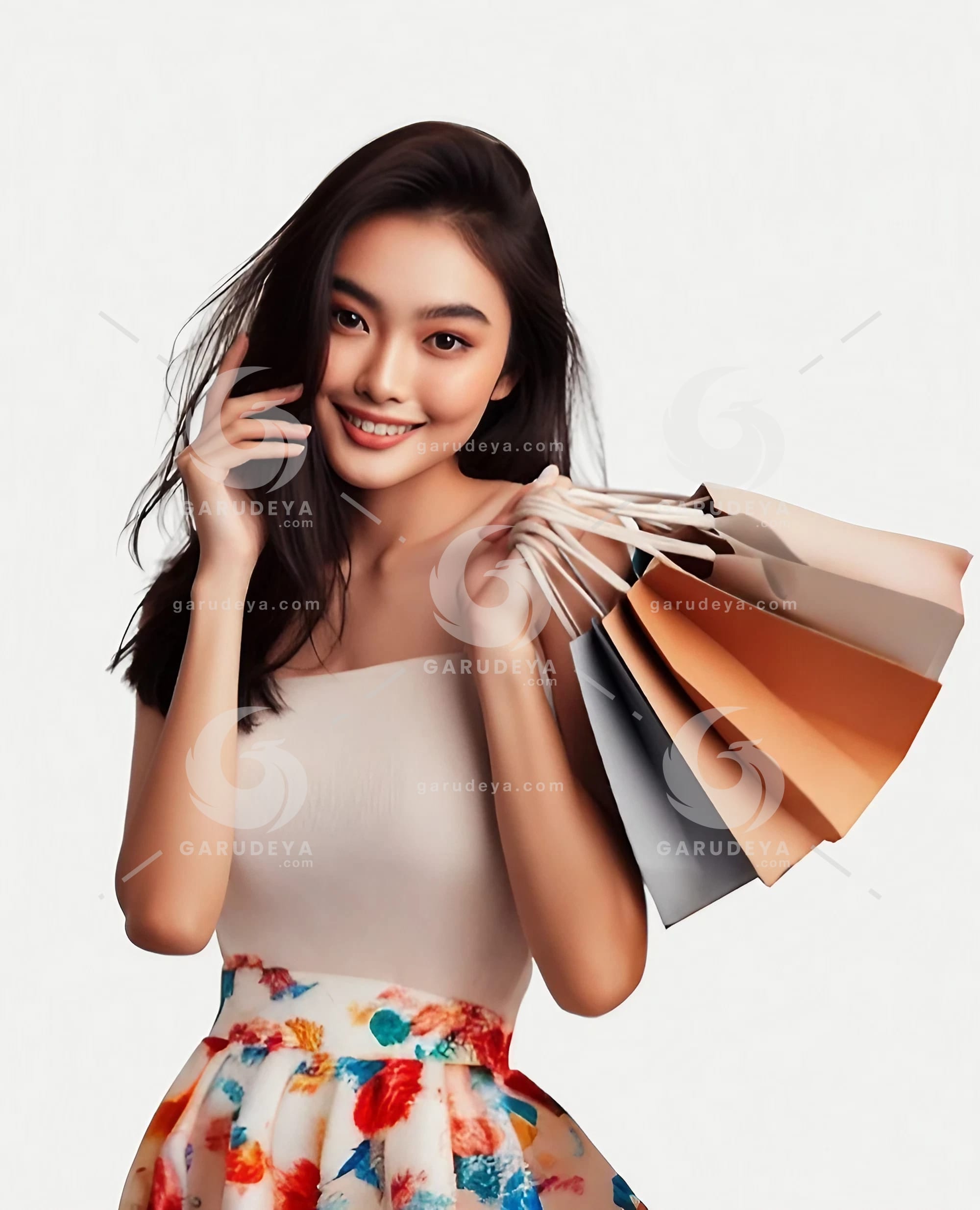 beautiful young Indonesian woman carrying lots of shopping bags with a cheerful expression-7430945412