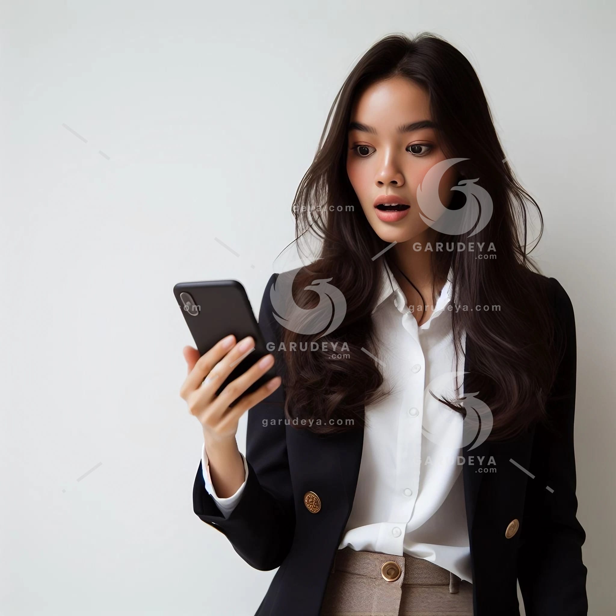 beautiful young Indonesian woman in formal clothes, looking at a cellphone screen with a shocked expression-4132025