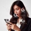 beautiful young Indonesian woman in formal clothes, looking at a cellphone screen with a shocked expression-749314