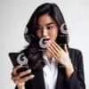 beautiful young Indonesian woman in formal clothes, looking at a cellphone screen with a surprised expression-340743