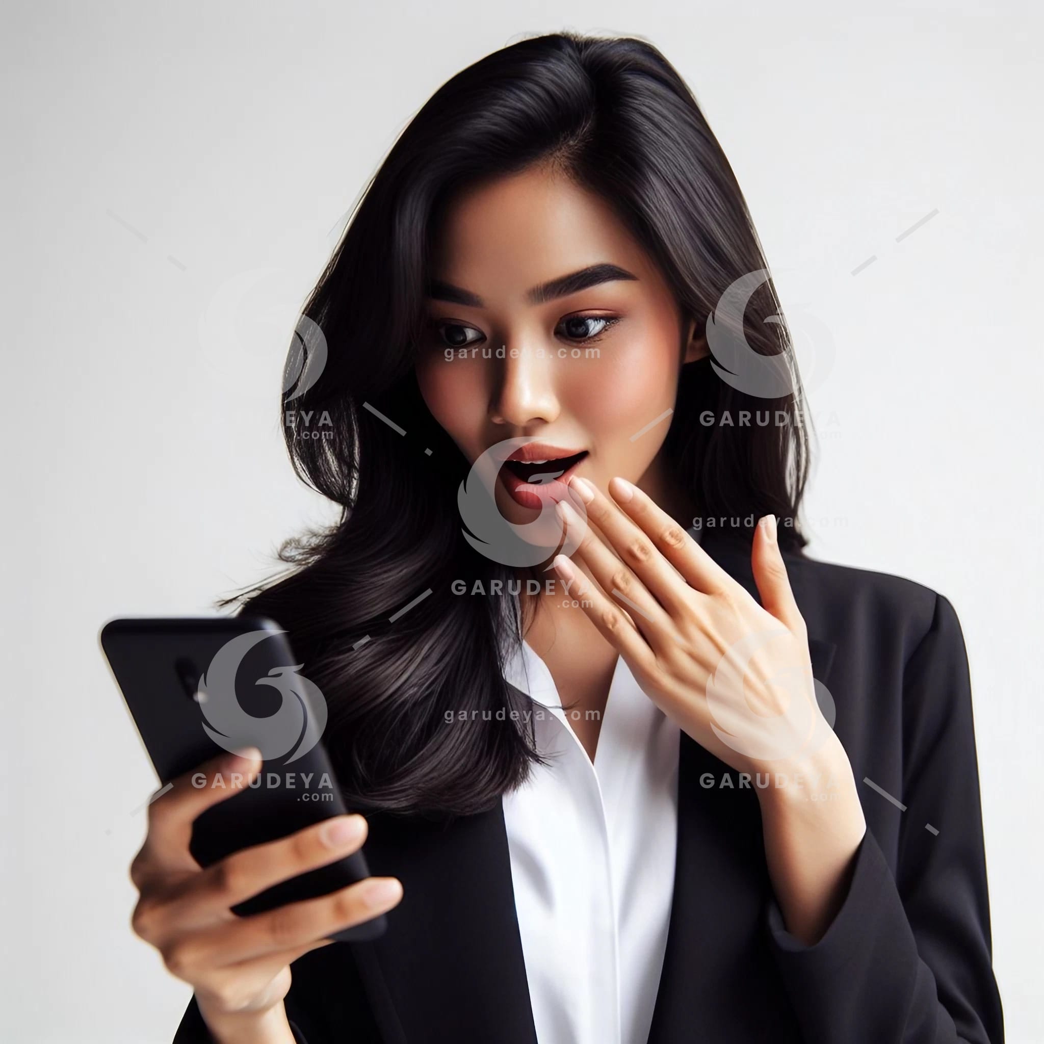 beautiful young Indonesian woman in formal clothes, looking at a cellphone screen with a surprised expression-340743