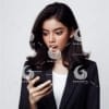beautiful young Indonesian woman in formal clothes, looking at a cellphone screen with a surprised expression-5372