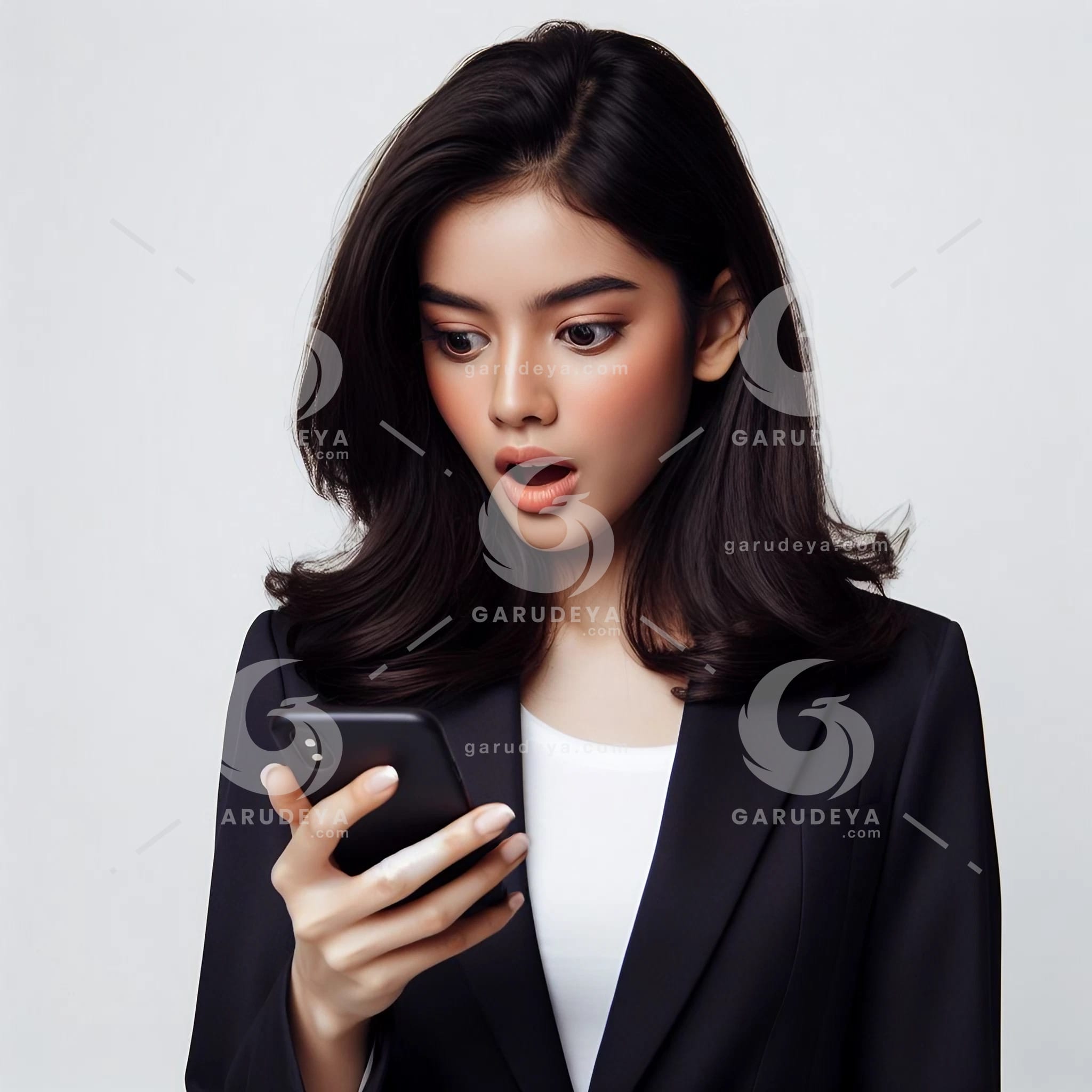 beautiful young Indonesian woman in formal clothes, looking at a cellphone screen with a surprised expression-5372