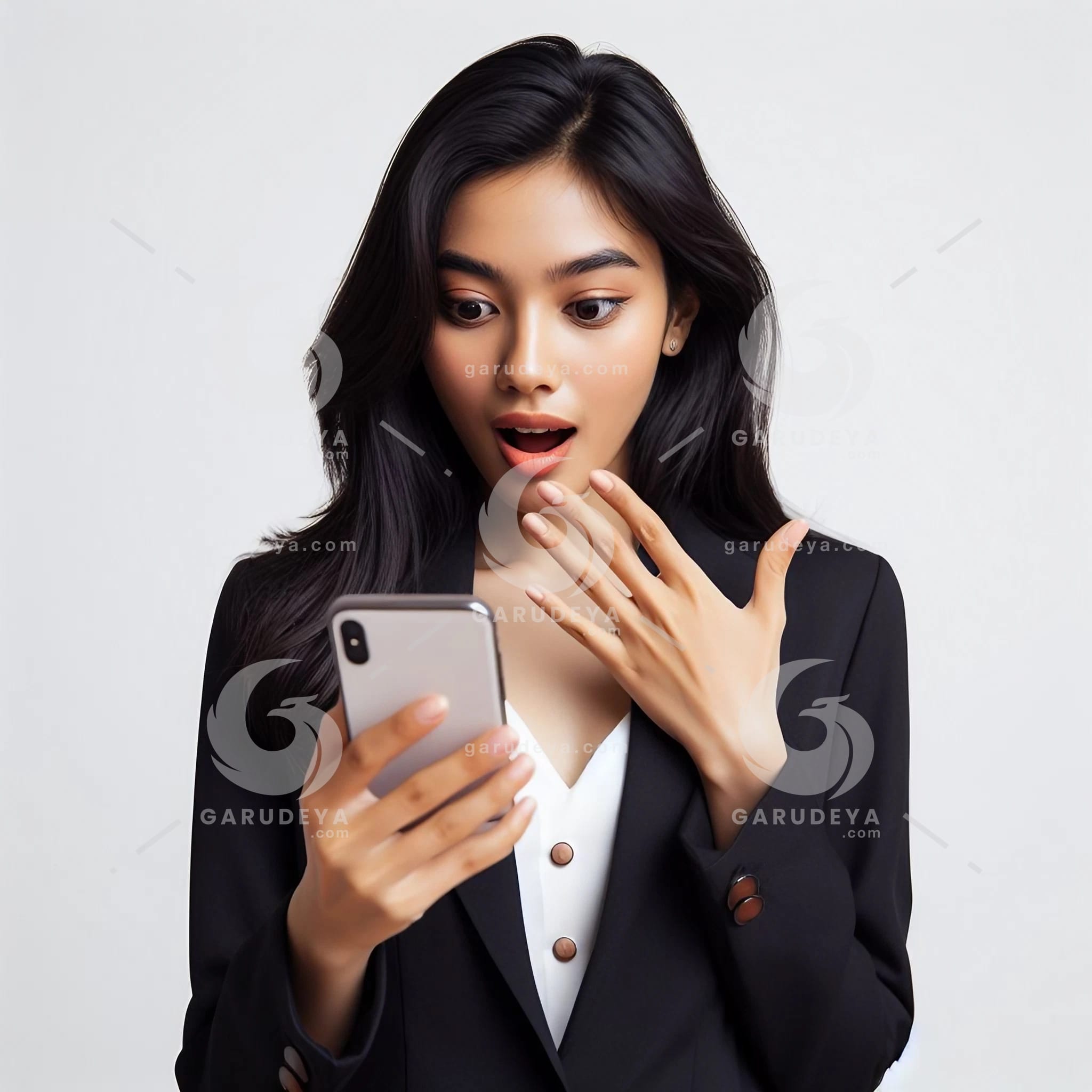 beautiful young Indonesian woman in formal clothes, looking at a cellphone screen with a surprised expression-75444381