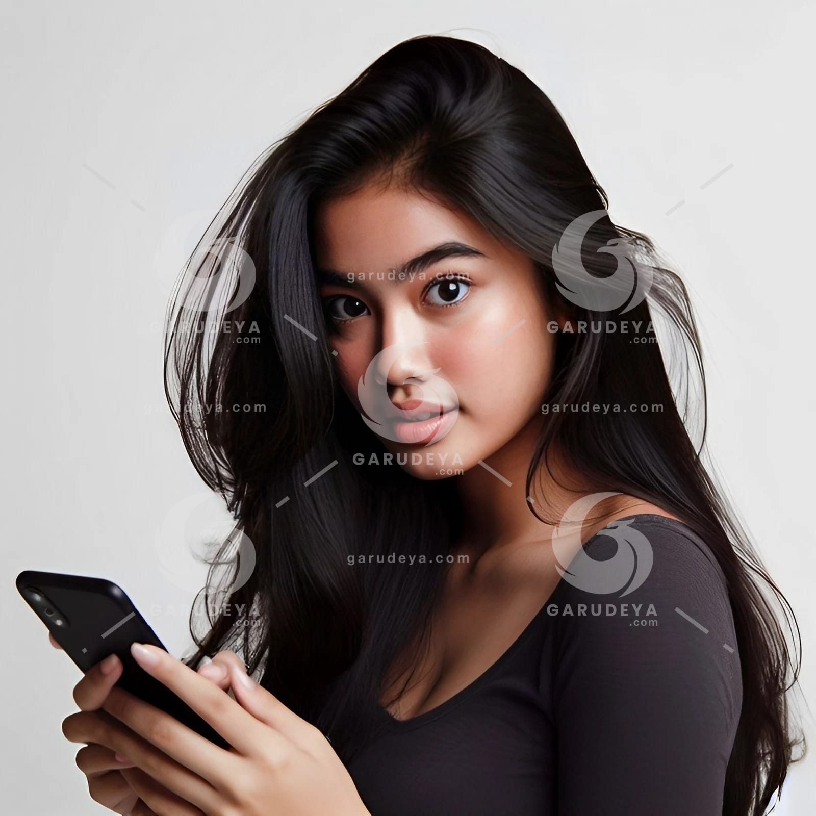 beautiful young Indonesian woman looking at a cellphone screen-31502935